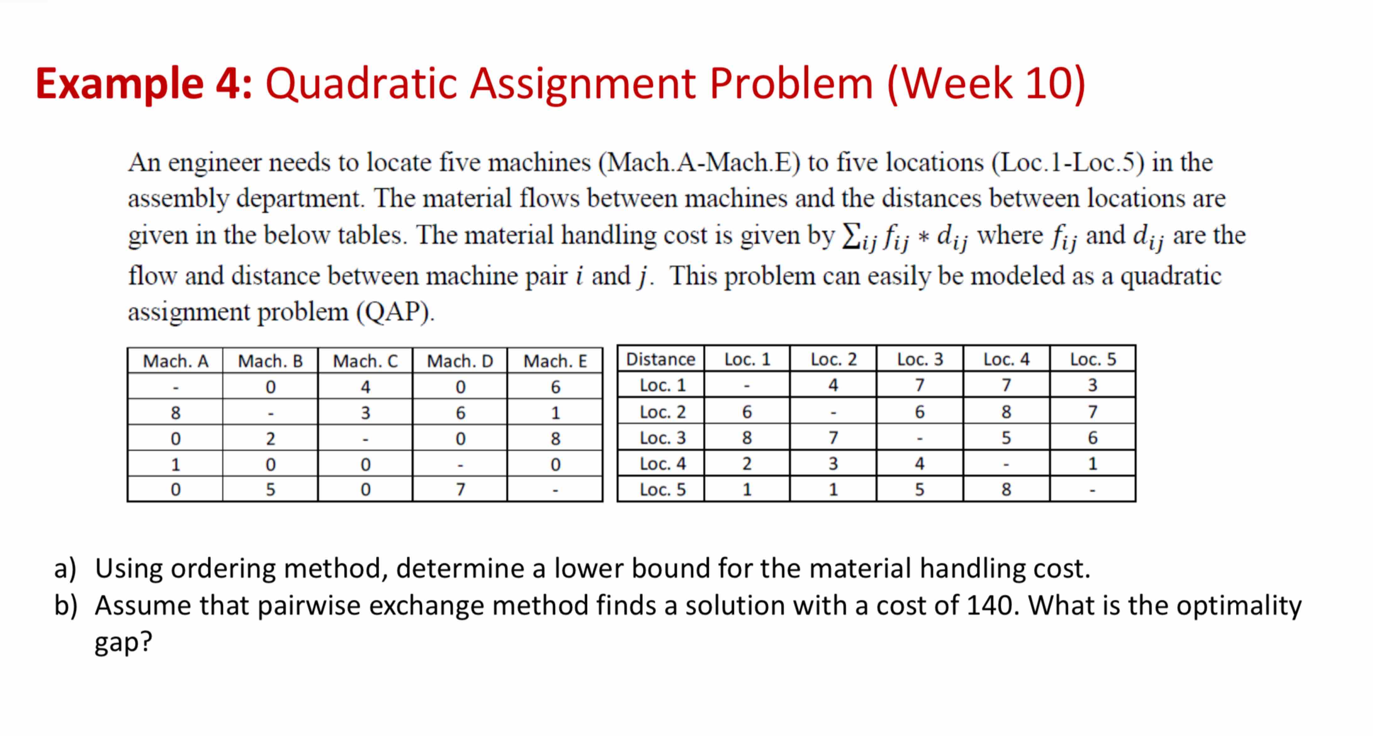  Example 4: Quadratic Assignment Problem (Week 10) An engineer needs to
