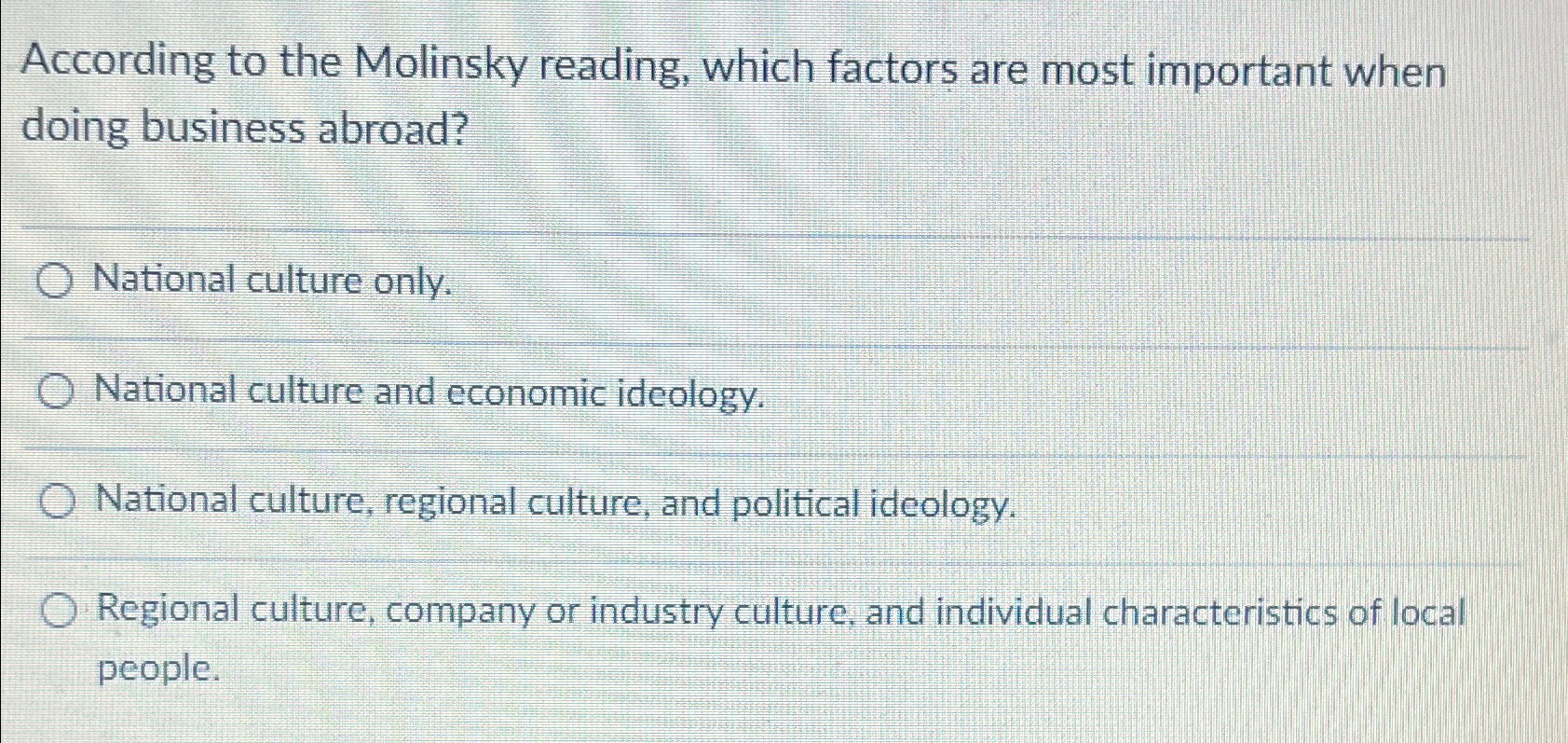  According to the Molinsky reading, which factors are most important when