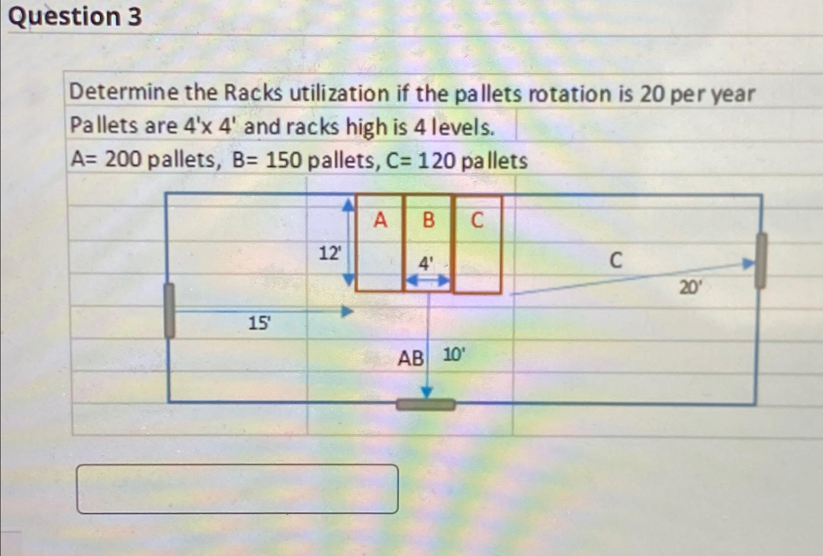  Question 3 Determine the Racks utilization if the pallets rotation is