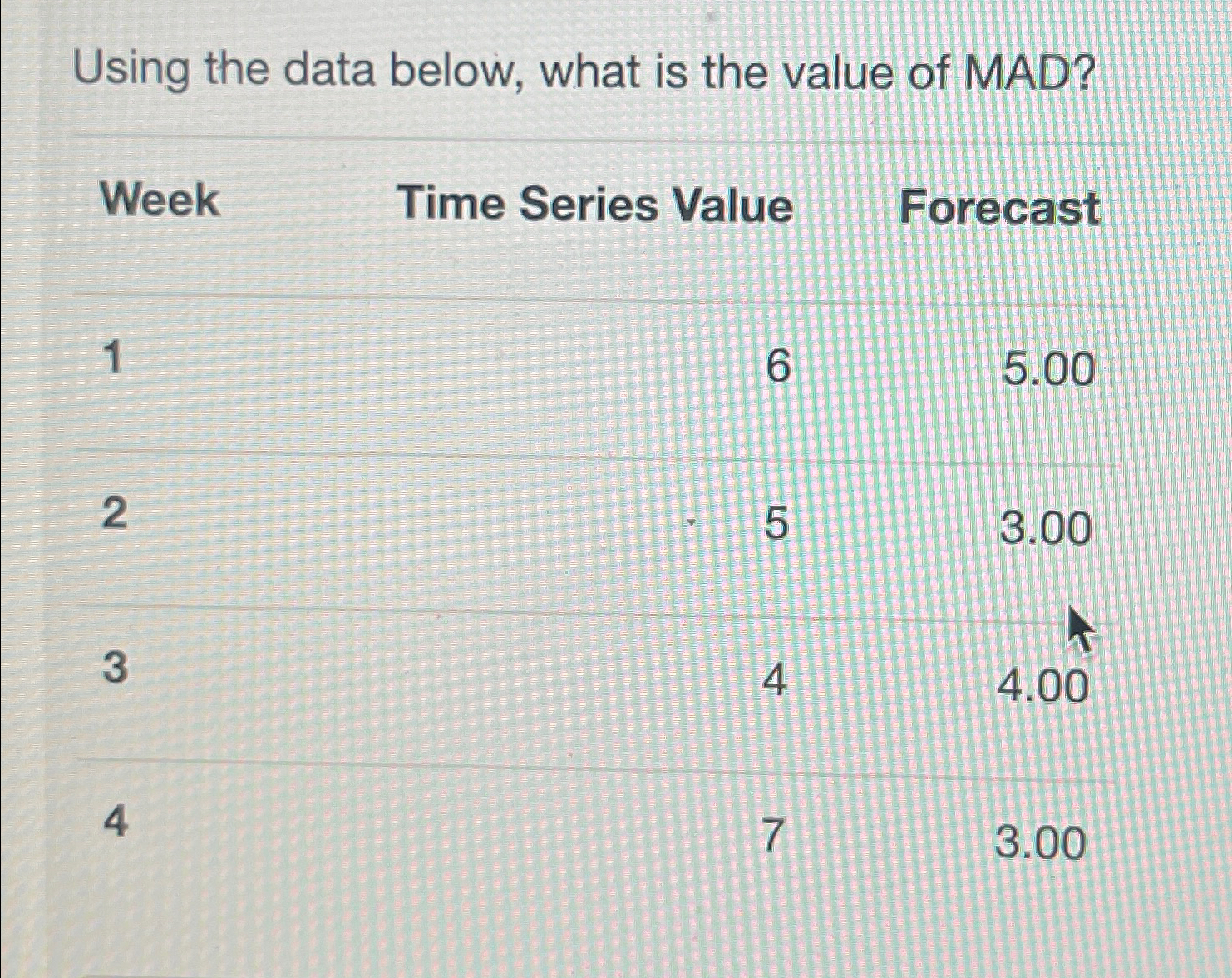  Using the data below, what is the value of MAD? \table[[Week,Time