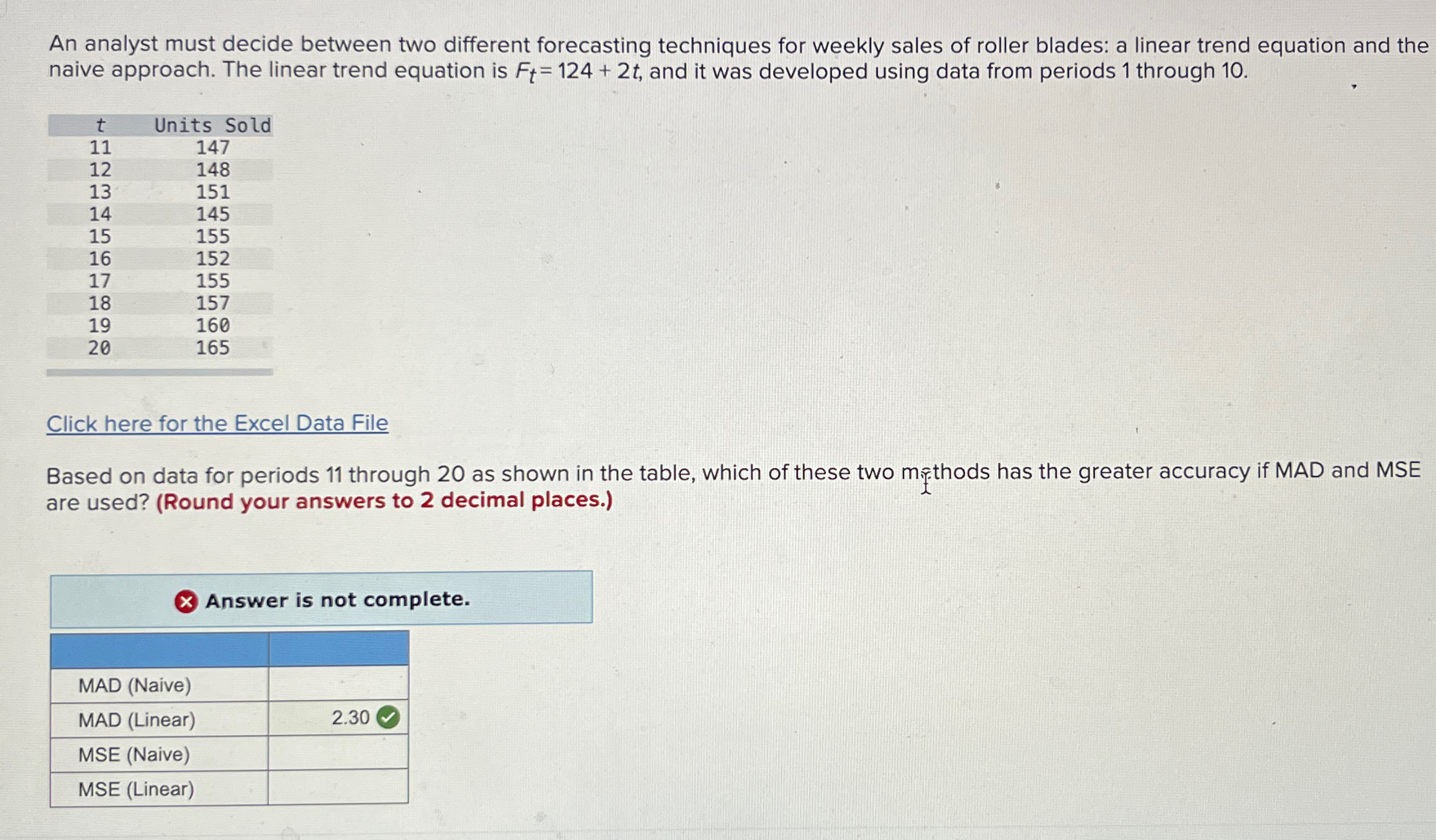  An analyst must decide between two different forecasting techniques for weekly