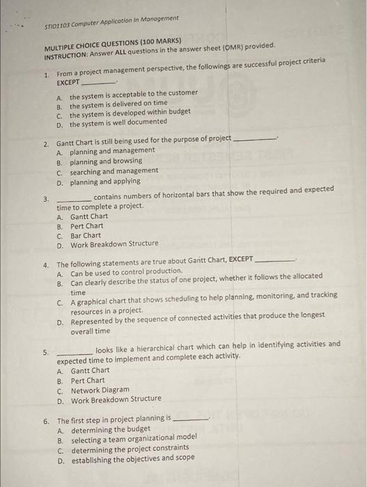  MULTIPLE CHOICE QUESTIONS (100 MARKS) INSTRUCTION: Answer ALL questions in the