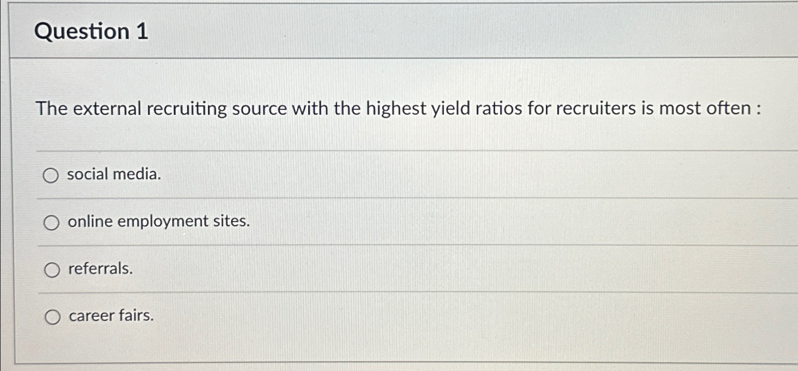  Question 1 The external recruiting source with the highest yield ratios
