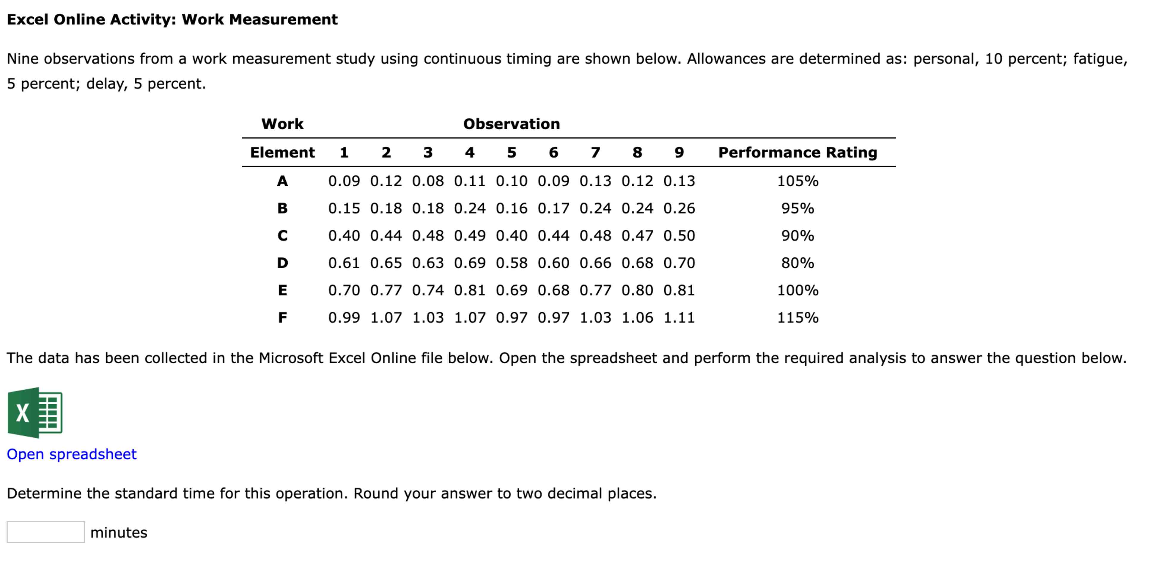  Excel Online Activity: Work Measurement Nine observations from a work measurement