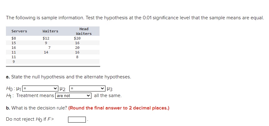 consider the information below The following is sample information. Test the hypothesis