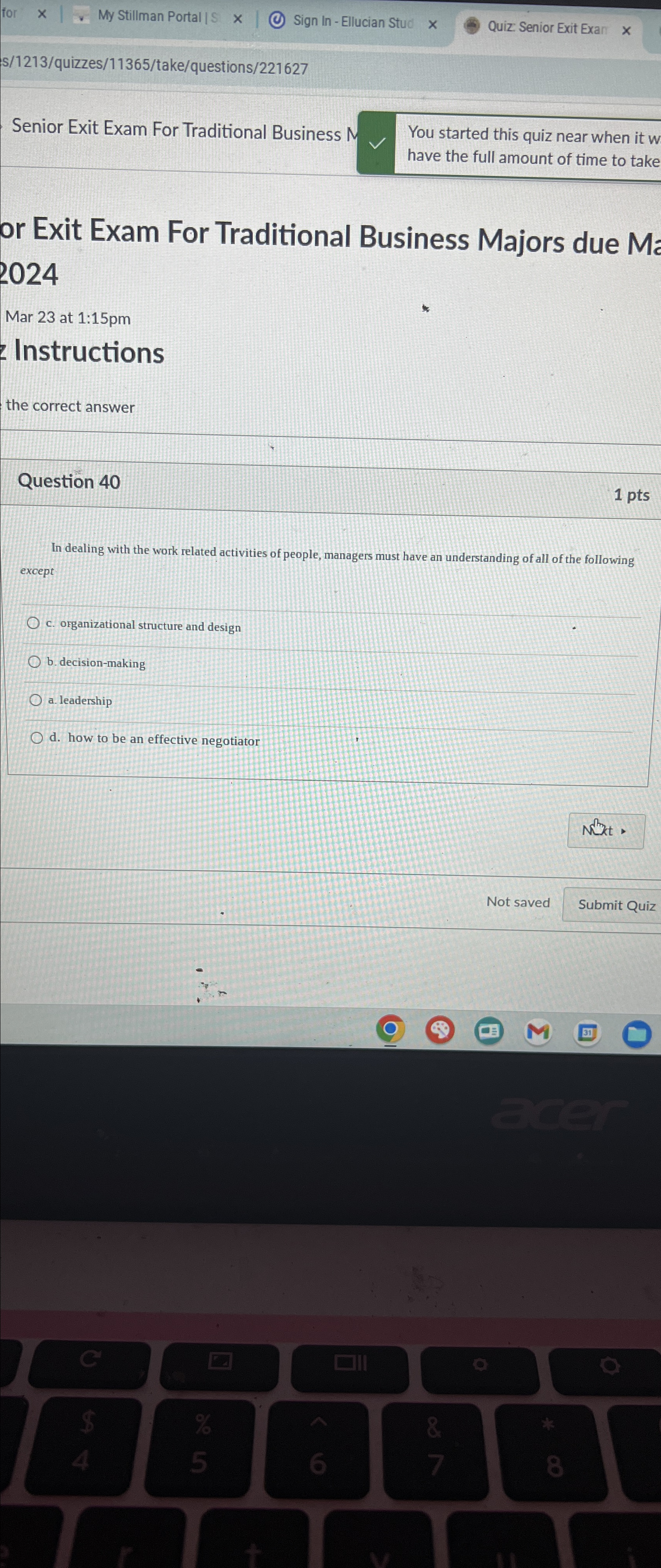  s/1213/quizzes/11365/take/questions/221627 Senior Exit Exam For Traditional Business N You started this