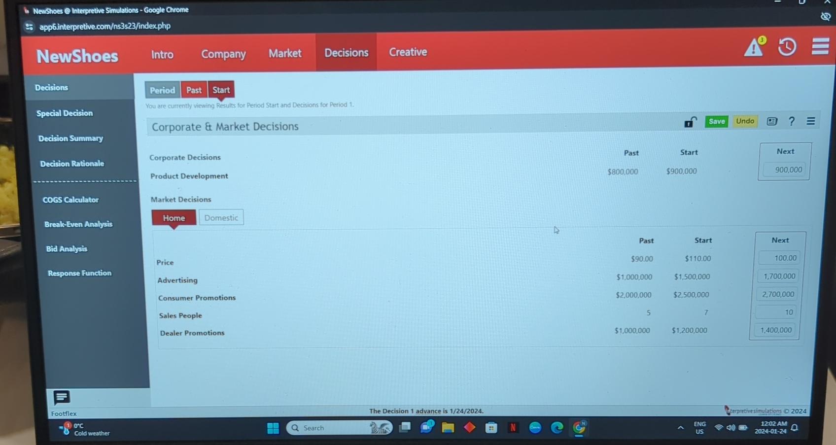 NewShoes Interpretive Simulations -Google Chromeapp6interpretive.com/ns3s23/indexphpNewShoesDecisionsSpecial DecisionDecision SummaryDecision RationaleCOGS CalculatorBreal-Even AnalysisBid AnalysisResponse