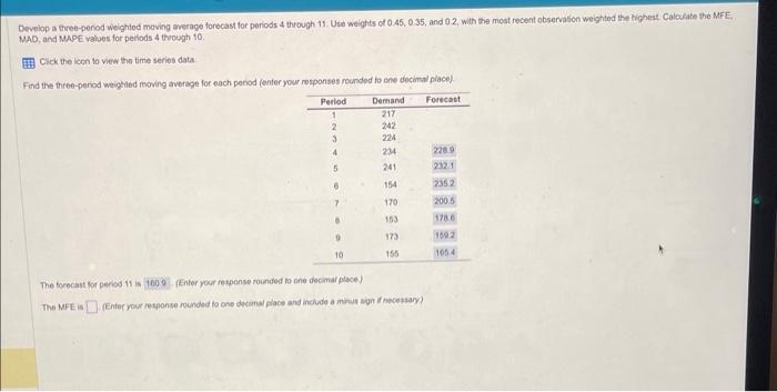 Find the MFE Develop a three-period weighted maving gerage forecast for periods