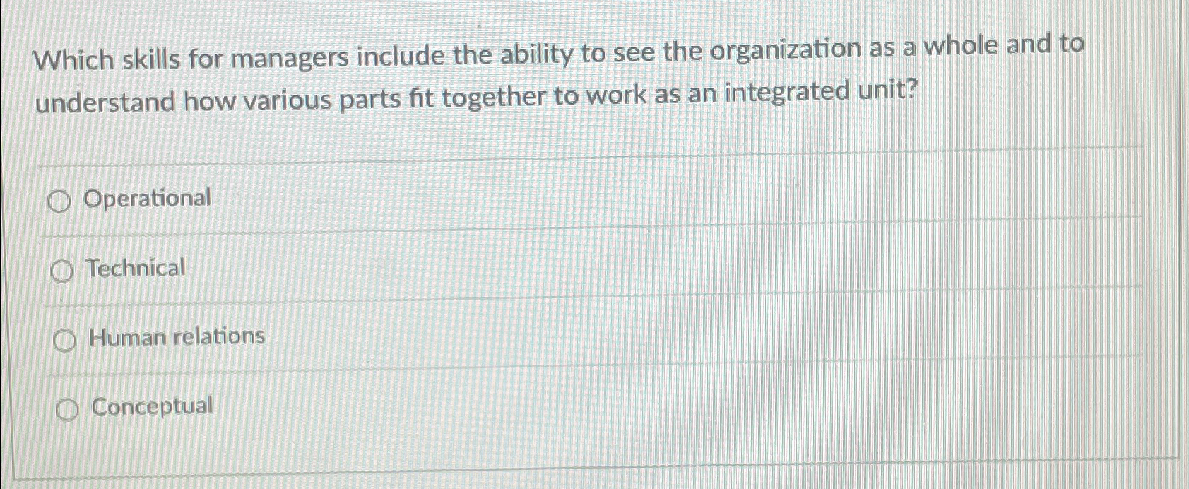  Which skills for managers include the ability to see the organization