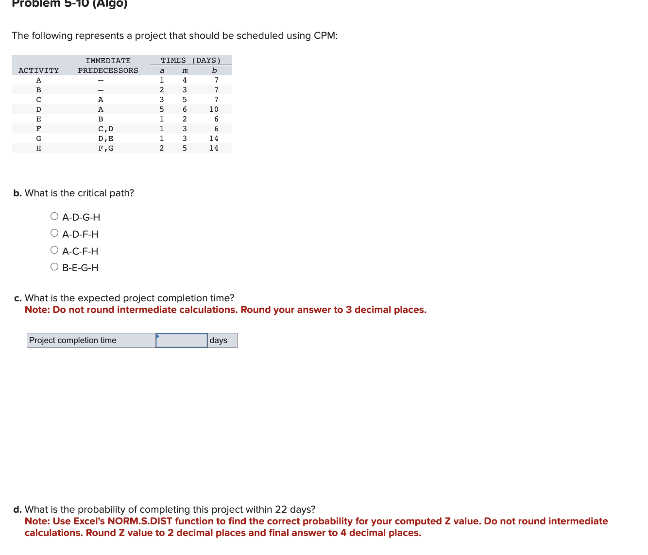  The following represents a project that should be scheduled using CPM: