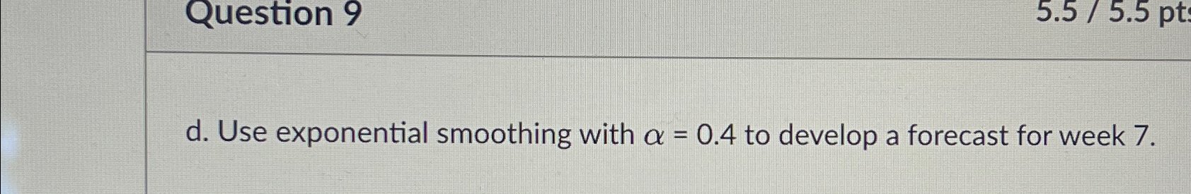  Question 9 d. Use exponential smoothing with =0.4 to develop a