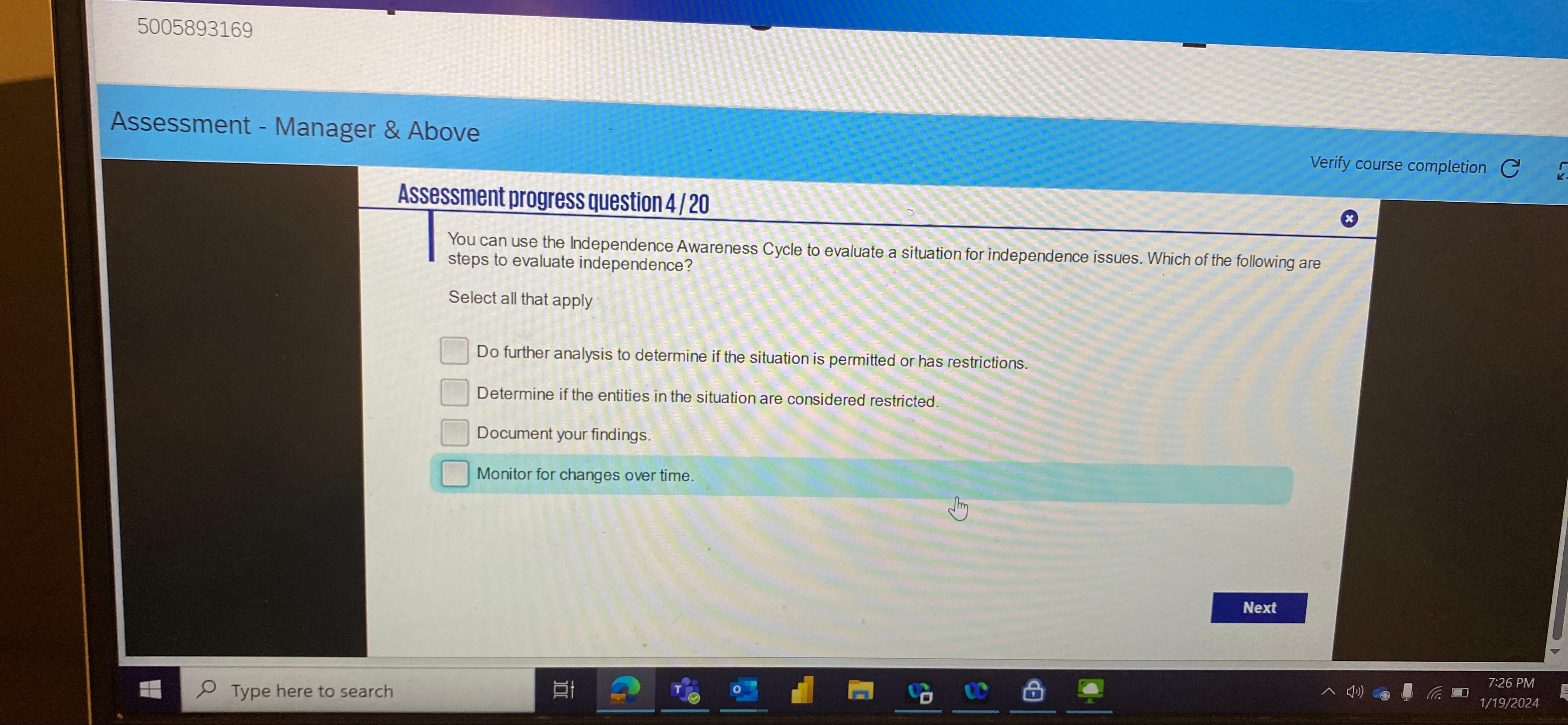  5005893169 Assessment - Manager & Above Verify course completion Assessment progressquestion
