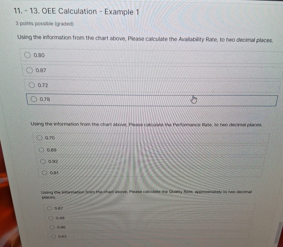  OEE Calculation - Example 1 3 points possible (graded) Using the