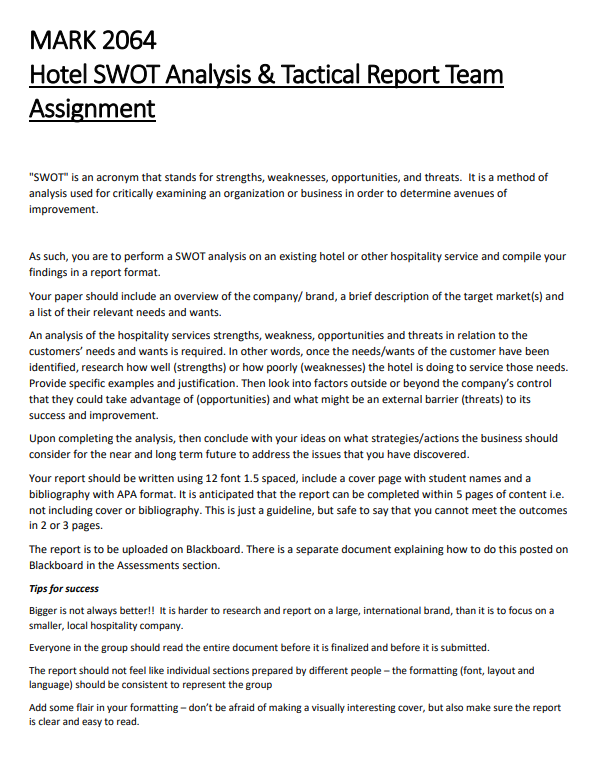  MARK 2064 Hotel SWOT Analysis \& Tactical Report Team Assignment "SWOT"
