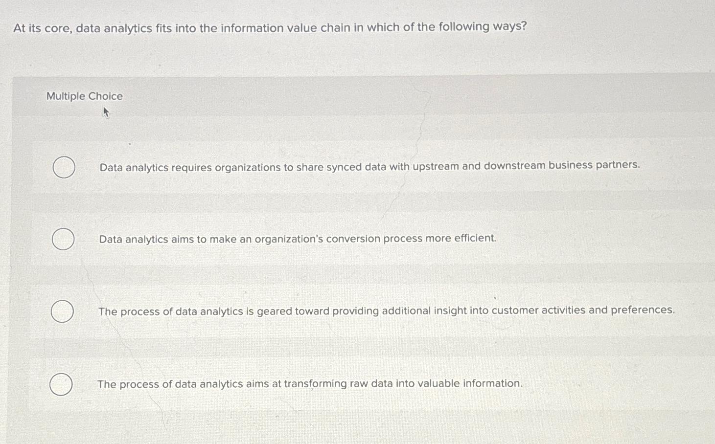  At its core, data analytics fits into the information value chain