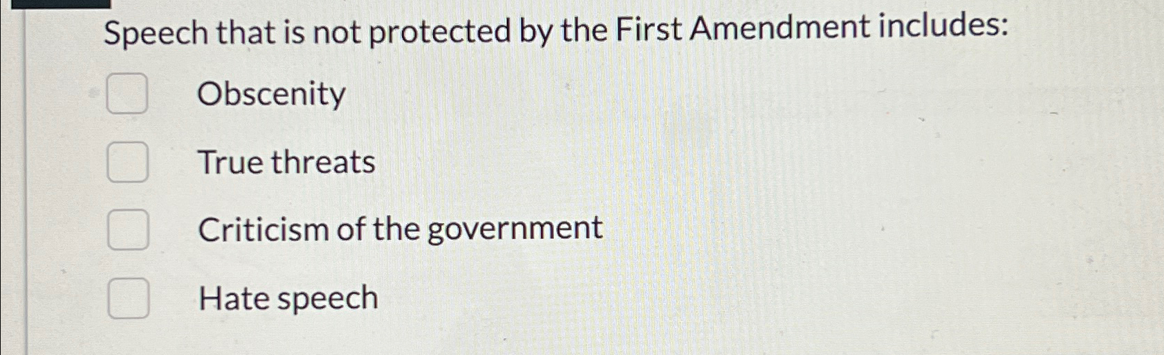  Speech that is not protected by the First Amendment includes: Obscenity