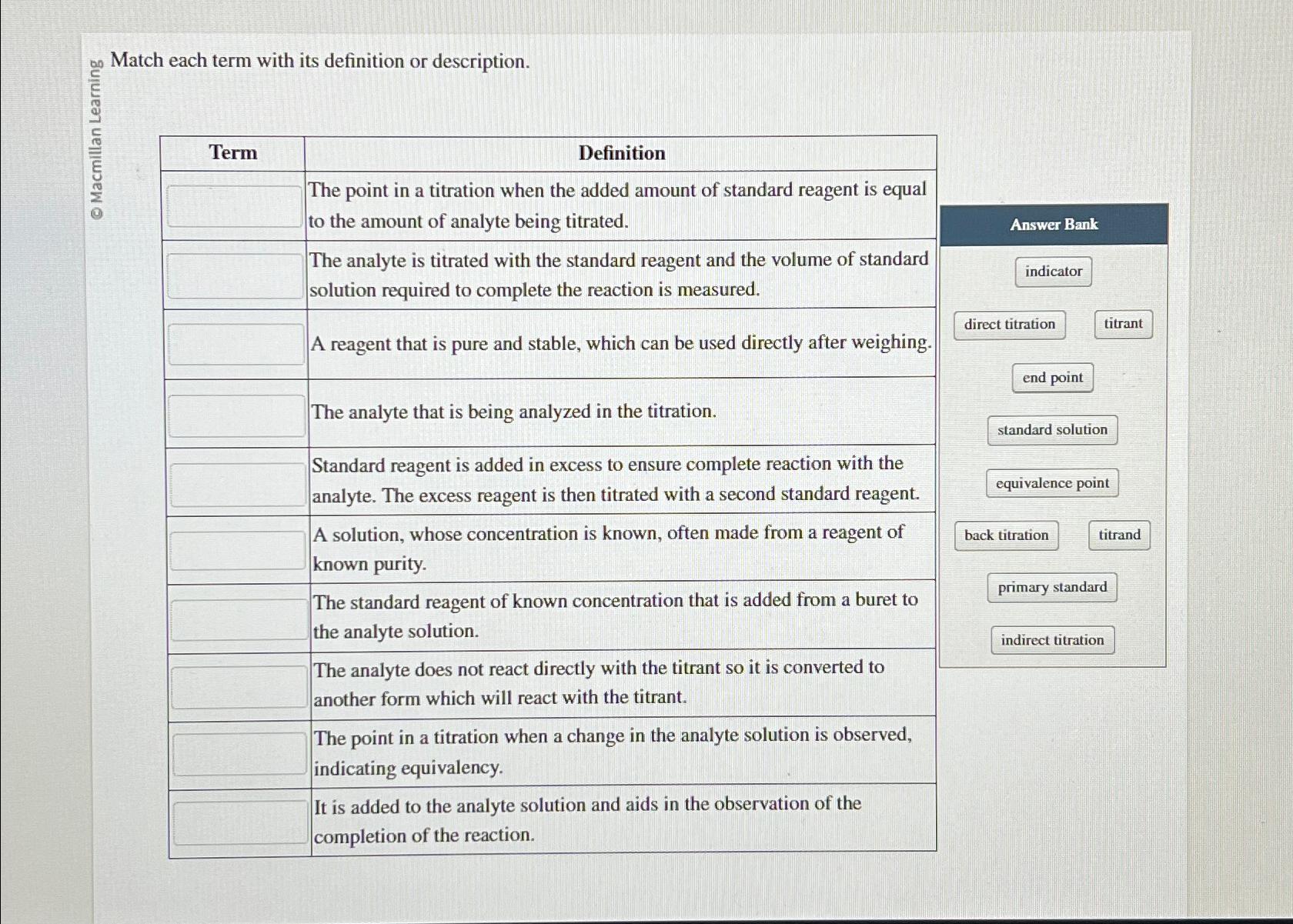  Match each term with its definition or description. 