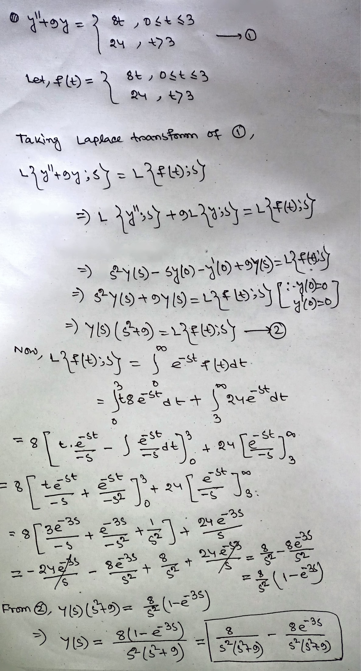 0, y(0) =0 Using Y for the Laplace transform of y(t), i.e.,