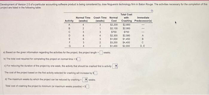  a) Based on the given information regarding the activites for the