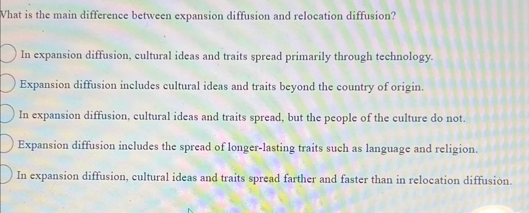  What is the main difference between expansion diffusion and relocation diffusion?