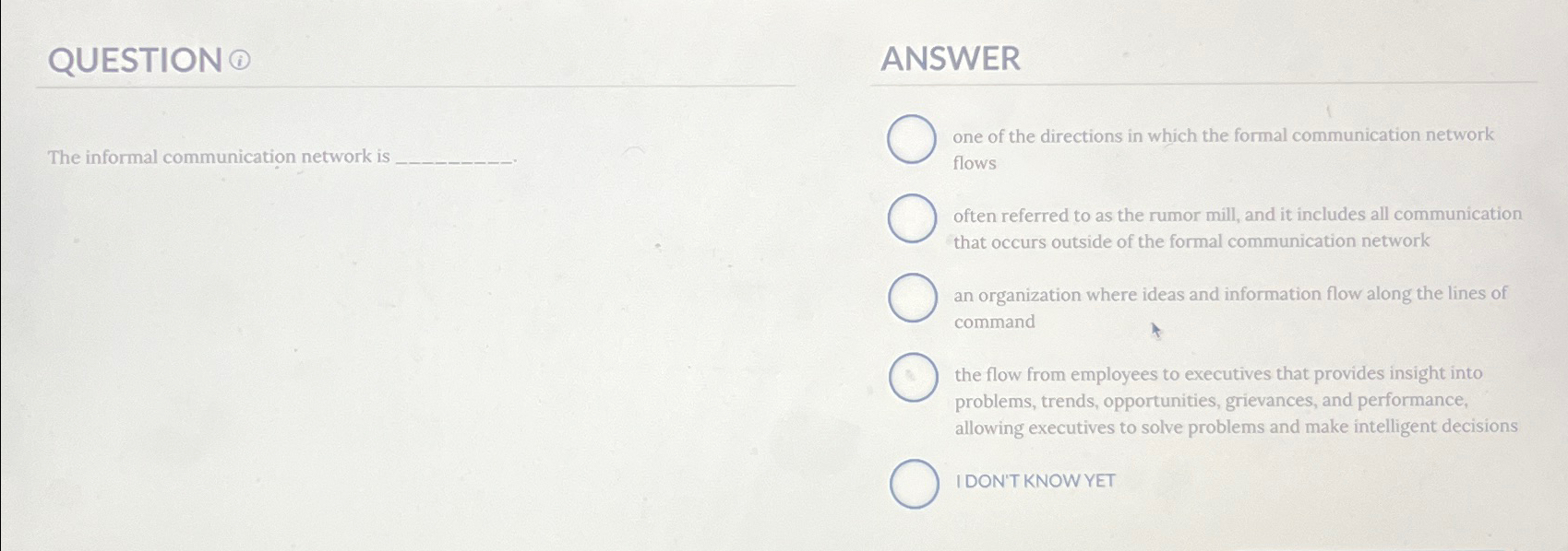  QUESTION (1) The informal communication network is ANSWER one of the