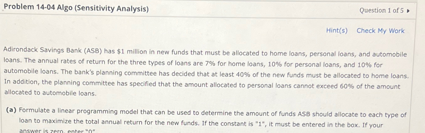  Problem 14-04 Algo (Sensitivity Analysis) Question 1 of 5* Hint(s) Check