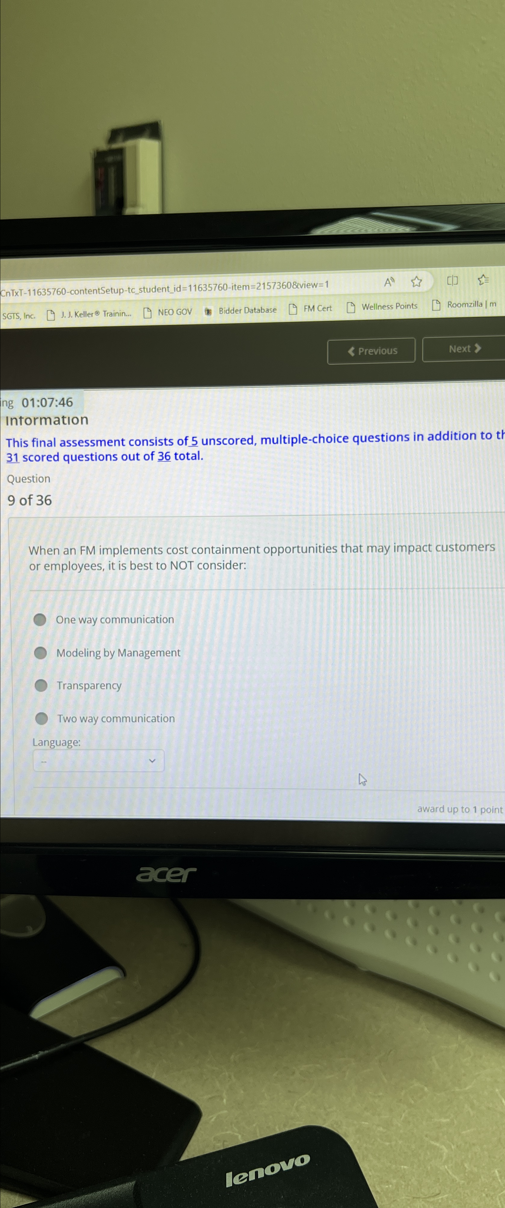  Previous Next $ ing 01:07:46 Intormation This final assessment consists of