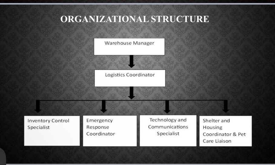  ORGANIZATIONAL STRUCTURE Warehouse Manager Logistics Coordinator Inventory Control Specialist Emergency Response