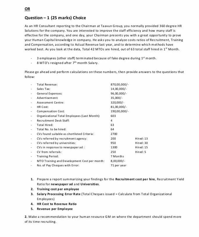  OR Question -1(25 marks) Choice As an HR Consultant reporting to