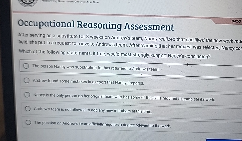  Occupational Reasoning Assessment 04:53 After serving as a substitute for 3