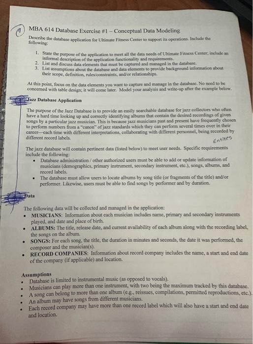  (A) MBA 614 Database Exercise \#1-Conceptual Data Modeling Deseribe the database