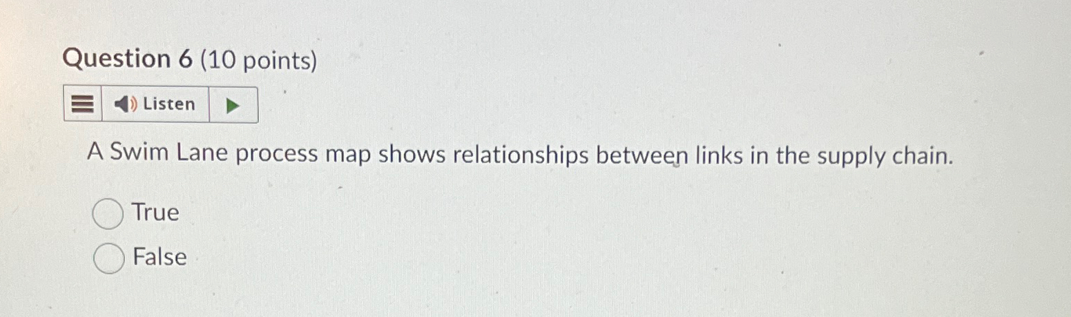  Question 6(10 points) Listen A Swim Lane process map shows relationships