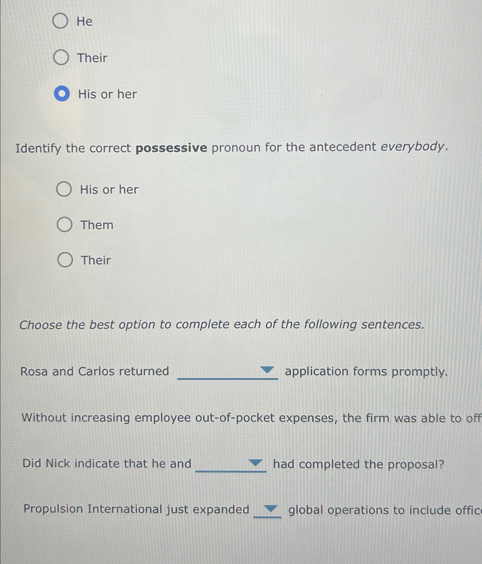  He Their His or her Identify the correct possessive pronoun for