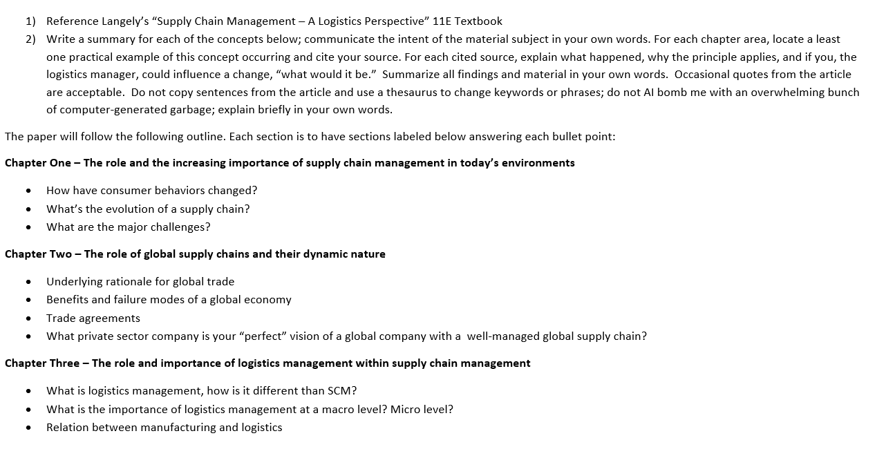 PLEASE ANSWER IN FULL FOR UPVOTE 1) Reference Langely's "Supply Chain Management