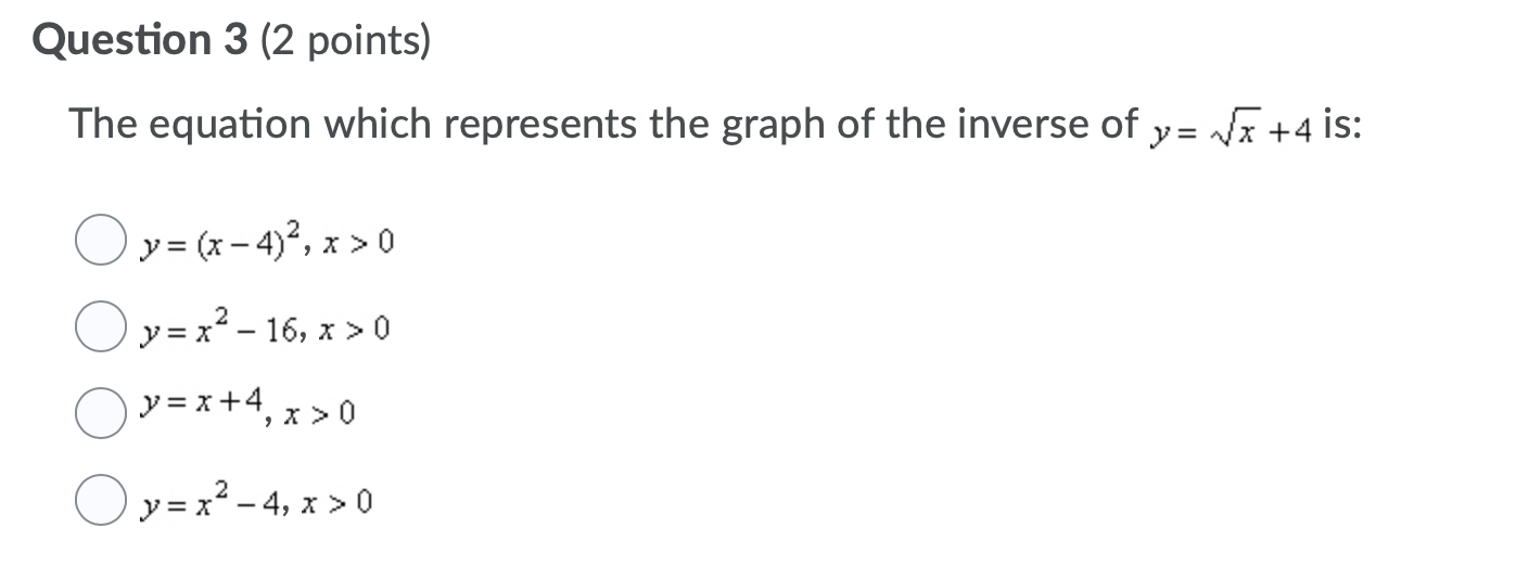 inverse is: 10 [0,5] (-00, 00) [-5,5] [0,00) Question 2 (2 points)
