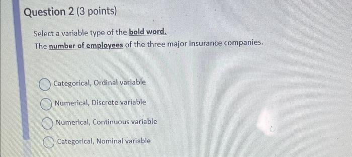  Select a variable type of the bold word. The number of