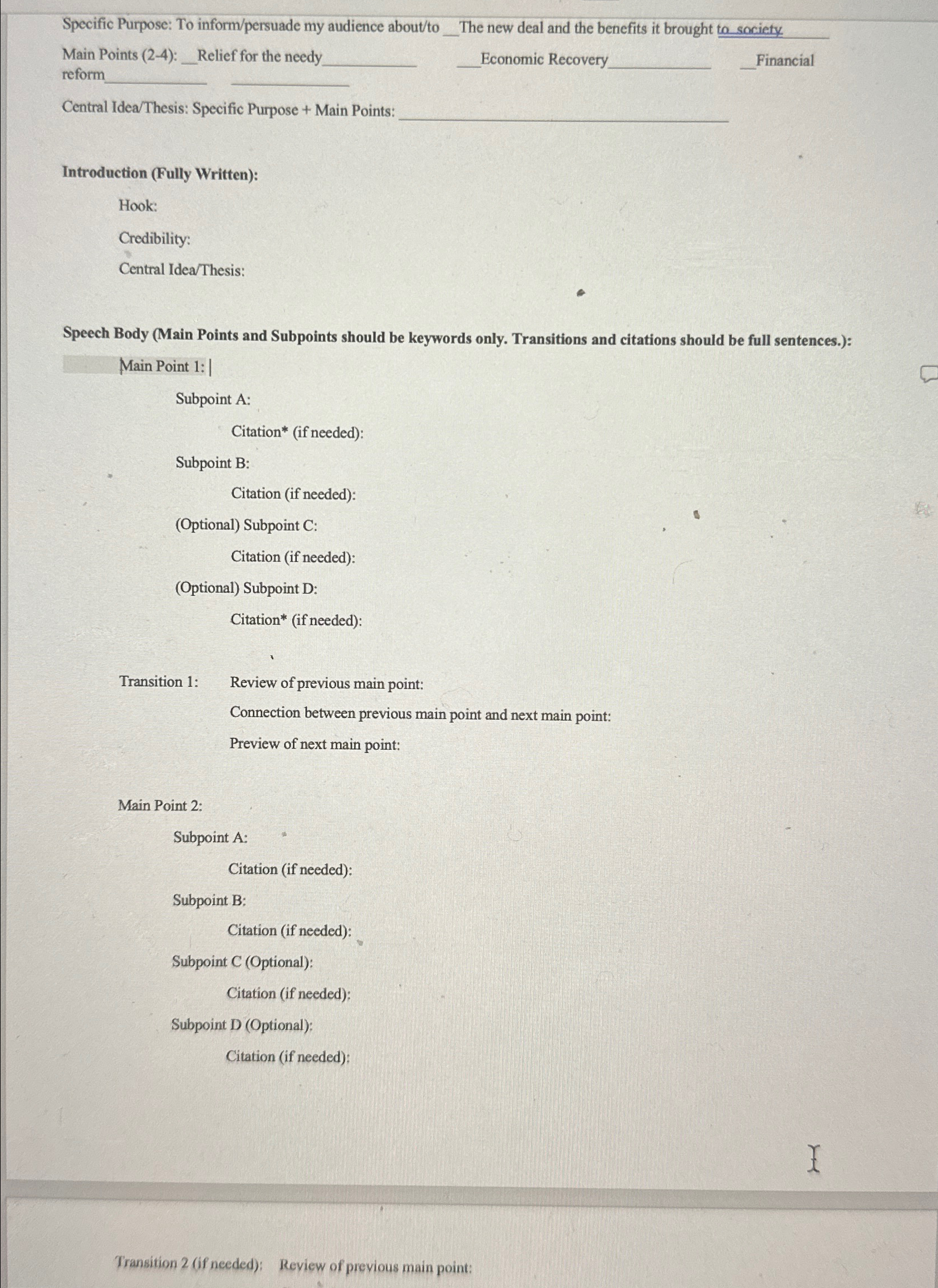  Specific Purpose: To inform/persuade my audience about/to _. The new deal