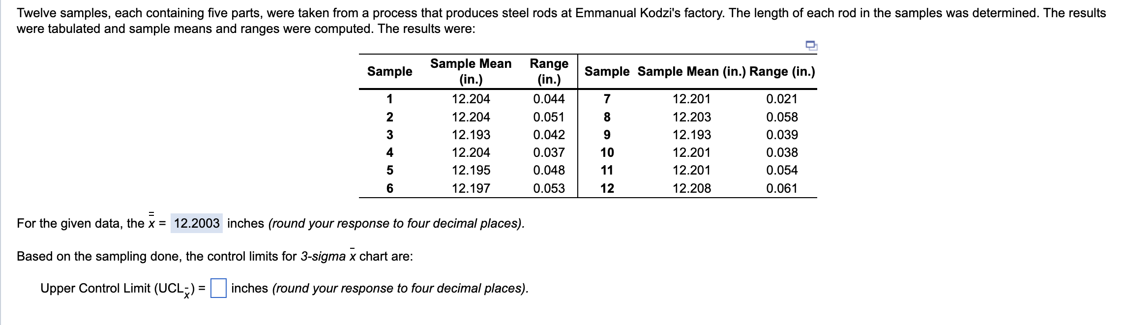  Based on the sampling done, the control limits for3-sigma x chart