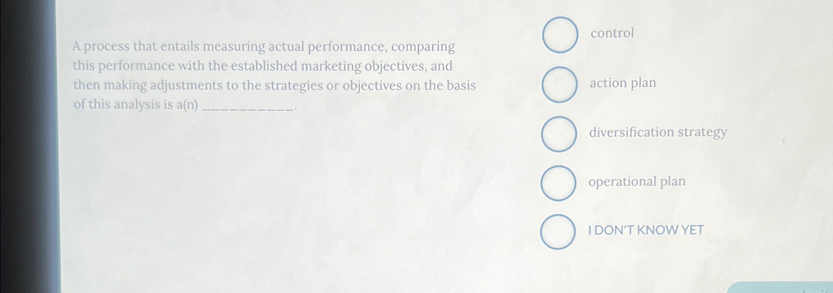  A process that entails measuring actual performance, comparing control this performance