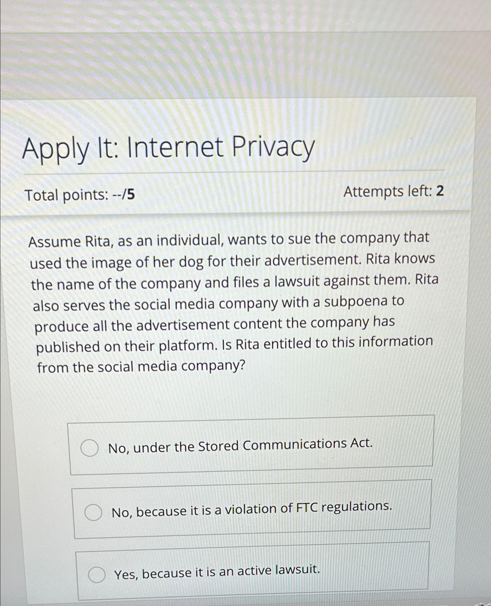  Apply It: Internet Privacy Total points: --/5 Attempts left: 2 Assume