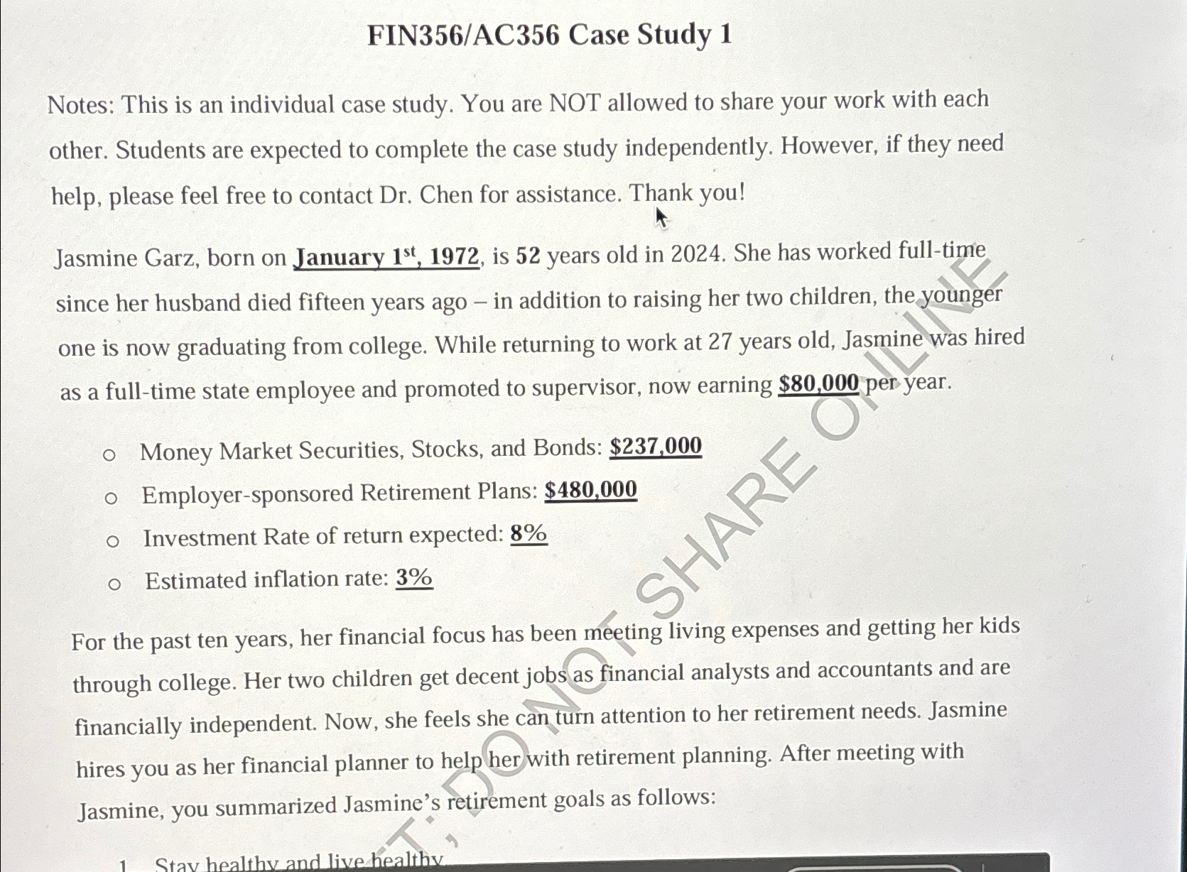  FIN356/AC356 Case Study 1 Notes: This is an individual case study.