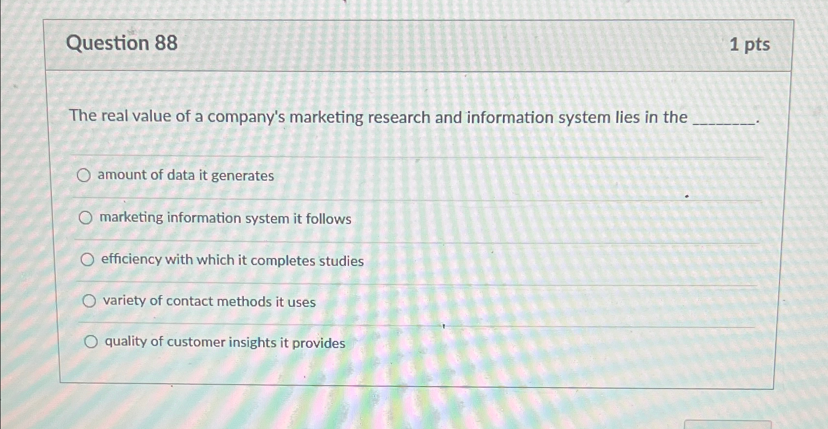  Question 88 1pts The real value of a company's marketing research