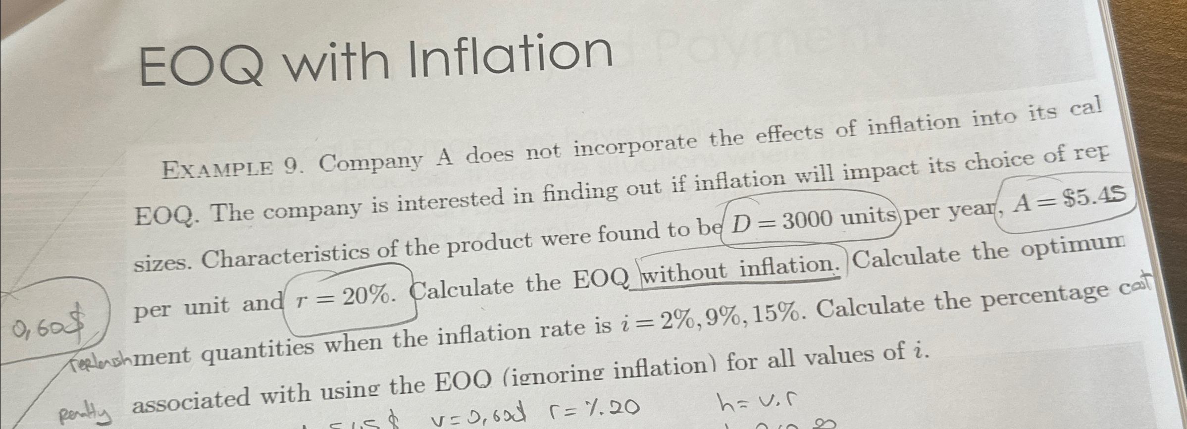  EOQ with Inflation EXAmple 9. Company A does not incorporate the