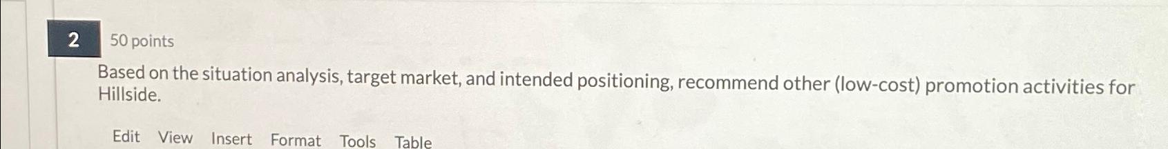  250 points Based on the situation analysis, target market, and intended
