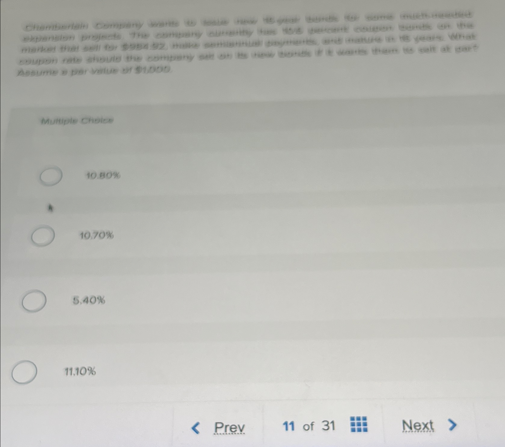  Multiple choice 10.80% 10.70% 5.40% 11,10% Prev. 11 of 31 Next