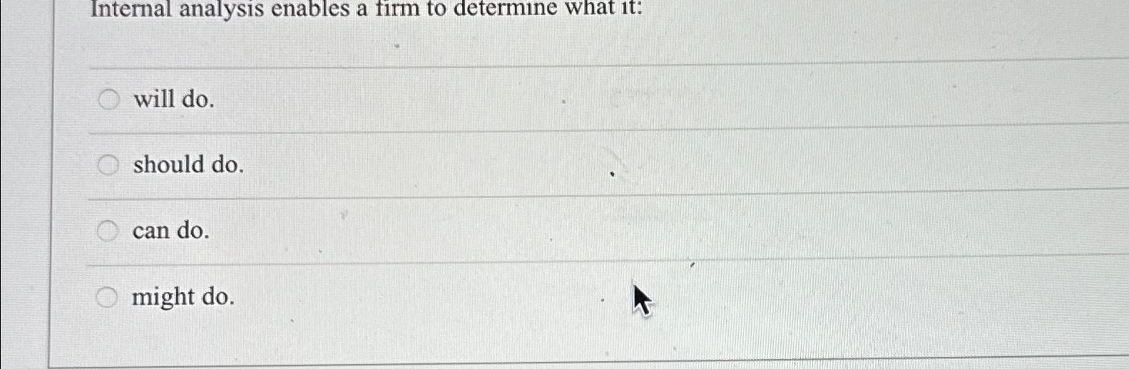  Internal analysis enables a firm to determine what it: will do.