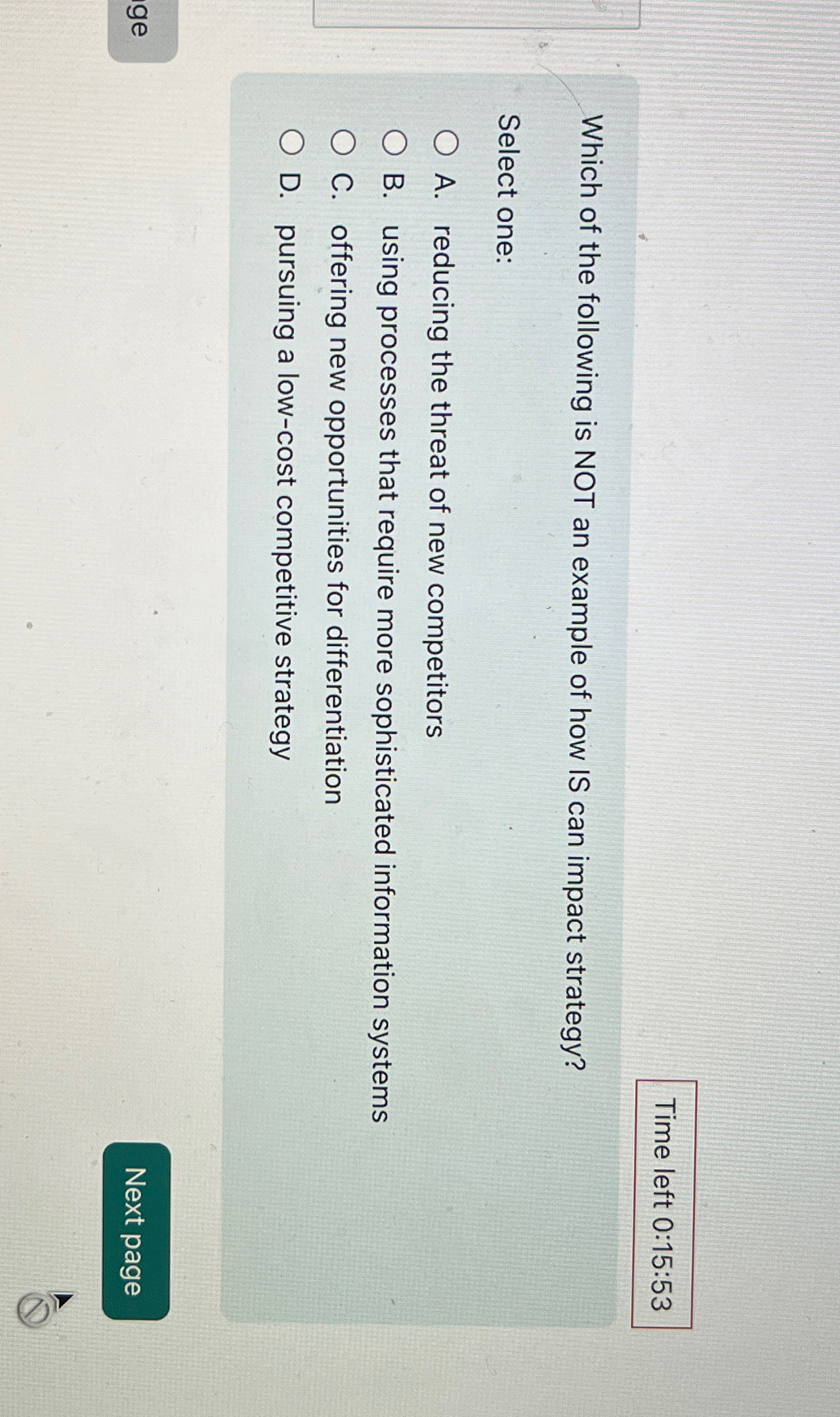  Time left 0:15:53 Which of the following is NOT an example