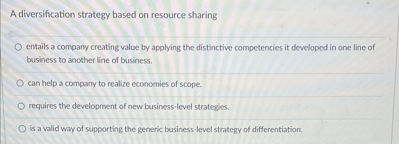  A diversification strategy based on resource sharing entails a company creating