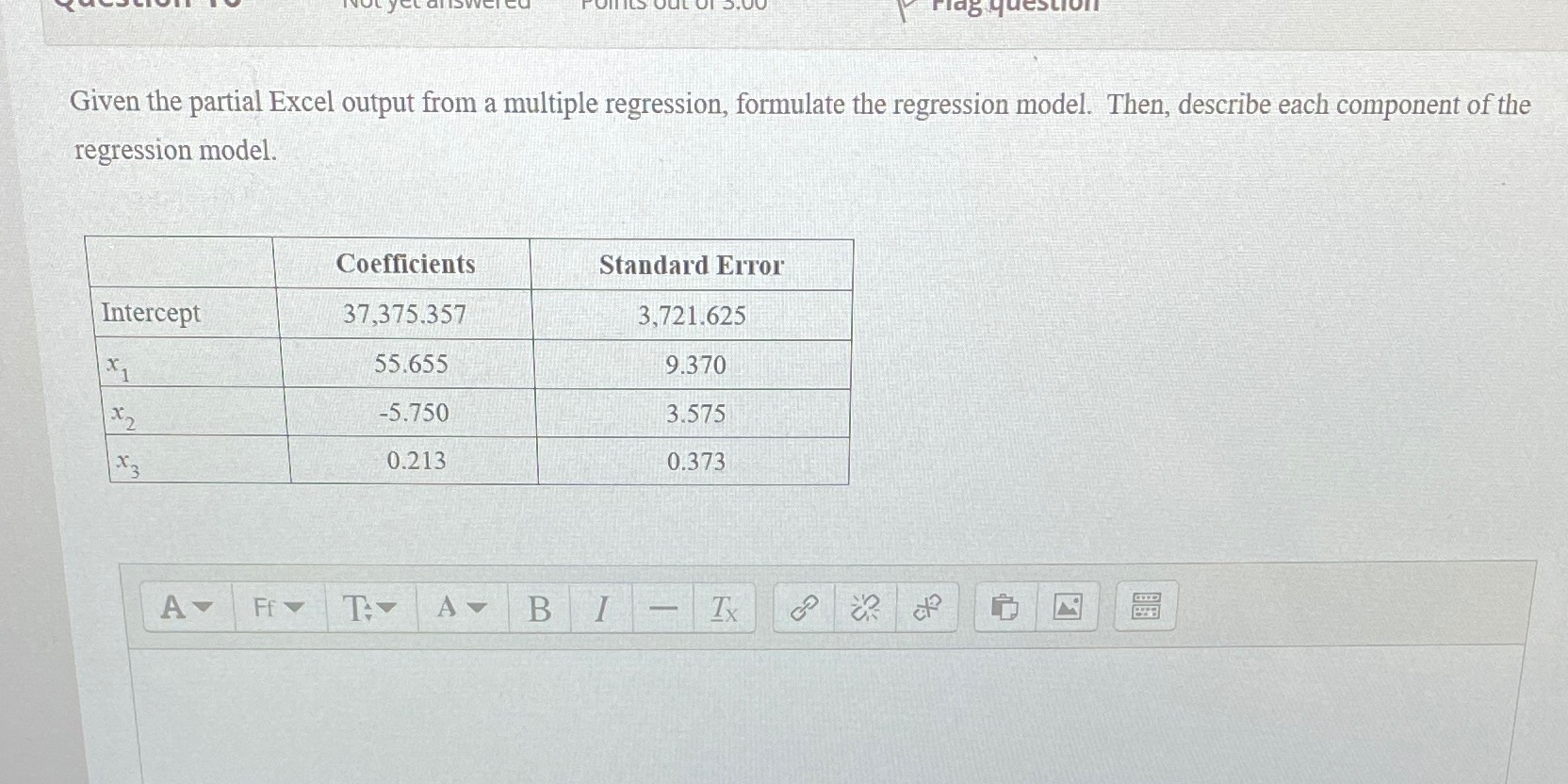 Given the partial Excel output from a multiple regression, formulate the