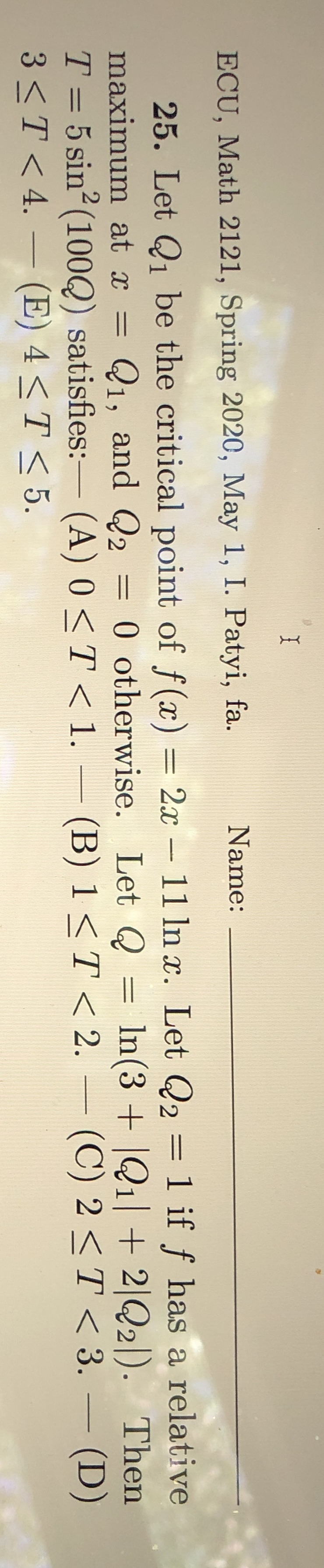 Need help solving problem on mock final ECU, Math 2121, Spring 2020,
